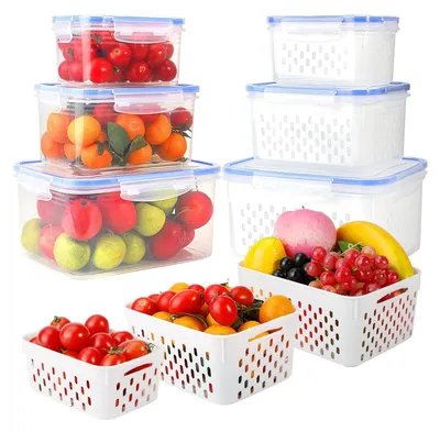 Produktbild von 3er-Pack Obstaufbewahrungsbehälter für den Kühlschrank, luftdichte Lebensmittelbehälter mit herausnehmbarem Siebeinsatz, Aufbewahrungsboxen für Obst