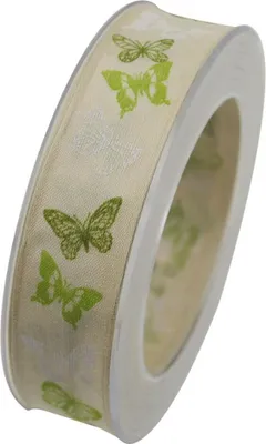 Produktbild von Schleifenband mit Drahtkante SCHMETTERLINGE grün (1m=0,50EUR) 20m Rolle Goldina