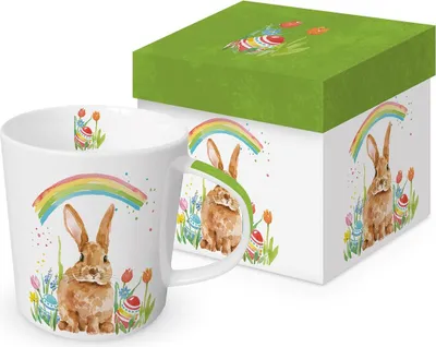 Produktbild von Kaffeebecher Hase mit Geschenkbox, Regenbogen, Tasse Tiere Tier Geschenkset,  Hasen Kaninchen