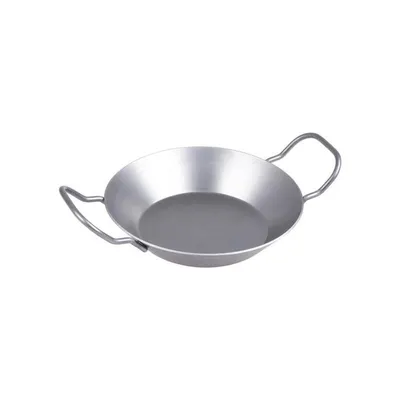 A silver frying pan with two handles is shown against a white background.