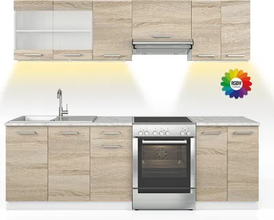 Obrázek produktu pro Kuchyňská linka Vicco Raul Sonoma/bílá 240 cm S pracovní deskou s páskem LED, Model 51939