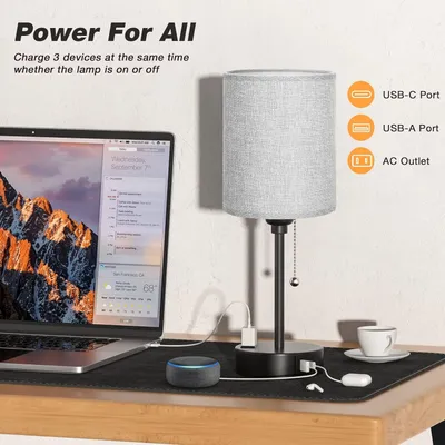 Produktbild von LED Tischleuchten,Nachttischlampe Dimmbar,LED Nachtlicht,USB-Anschluss & Wechselstromausgang, Leuchtmittel inklusive für Schlafzimmer, Wohnzimmer,Grau