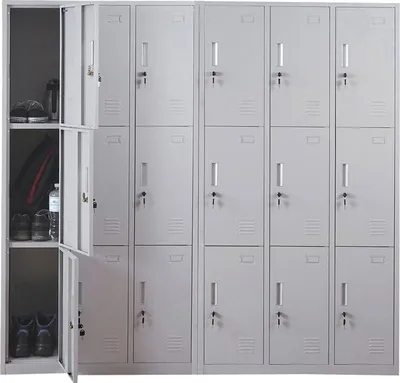 A row of gray metal lockers with multiple compartments.