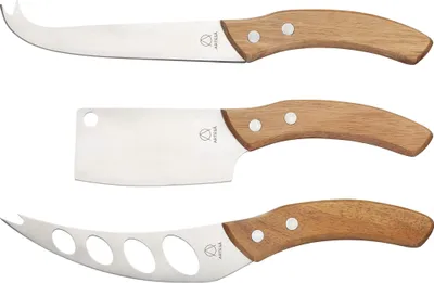 Three cheese knives with wooden handles are displayed against a white background.