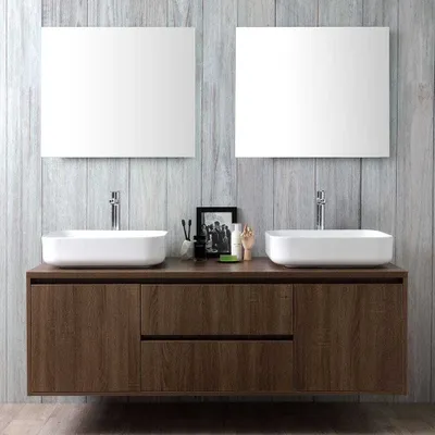 Immagine prodotto di Mobile bagno sospeso noce scuro doppio lavabo da appoggio specchio | Siena