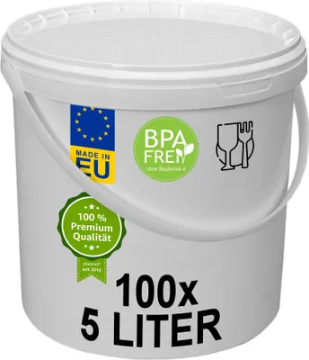 Produktbild von plasteo® 100x 5 Liter Eimer mit Deckel Lebensmittelecht Luftdicht Kunststoffeimer Plastikeimer Leereimer Transporteimer (100x 5 Liter)