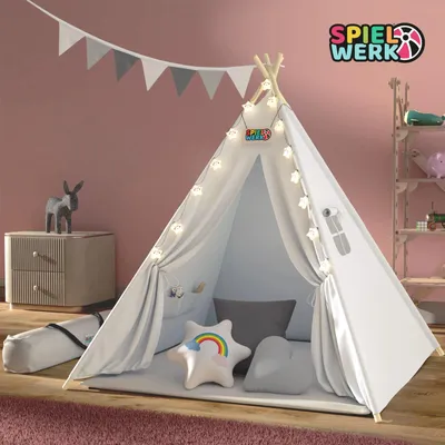 Image de Spielwerk Tipi Enfant Beige avec Coussins & Guirlande Lumineuse
