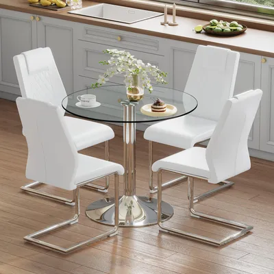 Productafbeelding van STILVORA eethoek met 85 cm veiligheidsglasplaat, geschikt voor eetkamer en keuken. Eethoekset met 4 eetkamerstoelen. Eettafel met zilverkleurige metalen poten en witte Polyurethanzittingen