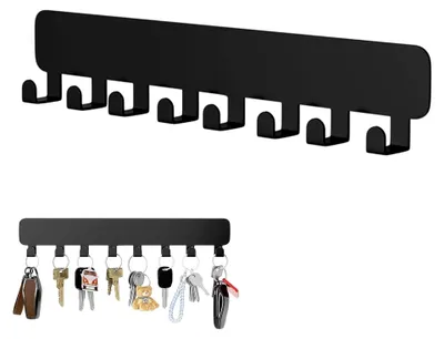 Produktbild von Schlüsselbrett mit 8 Haken, selbstklebender Schlüsselhalter für die Wand, dekorativer Schlüsselhalter in Schwarz
