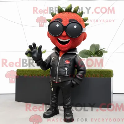 Productafbeelding van Mascot REDBROKOLY karakter van een zwarte aardbei gekleed met een leren jas en stropdassen