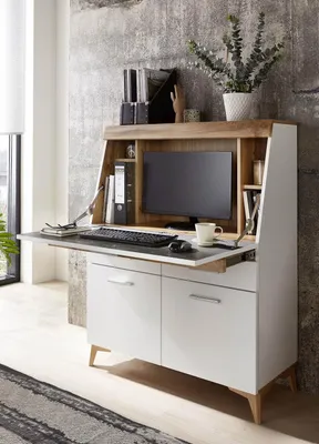 SECRET - Sekretär Weiß mit Eiche Altholz mit Platz für einen Monitor