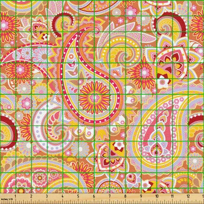 Produktbild von ABAKUHAUS Orange Gewebe als Meterware, Asiatisches Design-Elemente traditionelles Paisley-Blumenmuster wirbelt Blatt-ethnisches Motiv, 10 M (148 x 1000 cm), Mehrfarbig