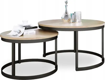 Zdjęcie produktu dla Zestaw Stolików Kawowych 2w1 Salon Industrial Loft Czarny+Dąb Lancelot