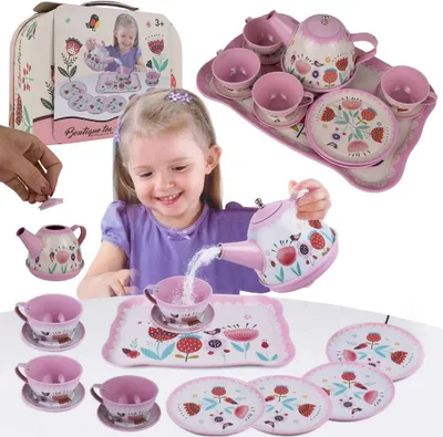 Produktbild von Malplay Kinder 15Tlg Teeservice Setaus Metall Im Koffer Für Kinderküche Spielküche Kaffee Set Mit Tablett Für Kinder Ab 3 Jahren