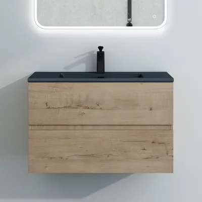 Produktbild von Mai & Mai Badmöbel-Set Waschtisch mit Unterschrank Mineralguss Waschbecken in Anthrazit Waschbeckenunterschrank 80x48x50cm Eiche Greige 2-Schubladen Soft-Close Aqualis