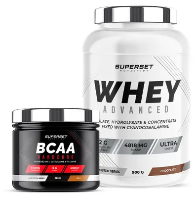 Zdjęcie produktu dla Muscle Shape Programme - 100% Whey Proteine Advanced 900g Chocolate - BCAA Hardcore Cola