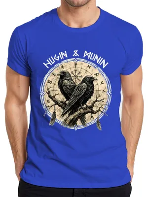 Produktbild von Wikinger Raben Odin Huginn Muninn Vegvisir Nordische Mythologie Herren T-Shirt, Blau, 3XL