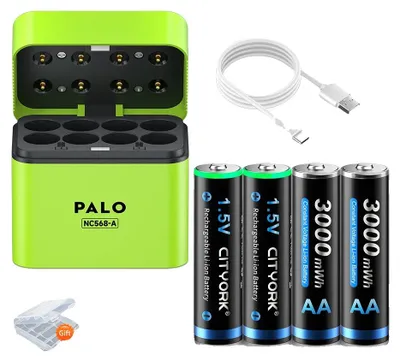 Obrázek produktu pro Sada nabíjecích baterií, kapacita 3000 mWh, nabíječka s 8 sloty, 1 nabíječka pro 4 baterie