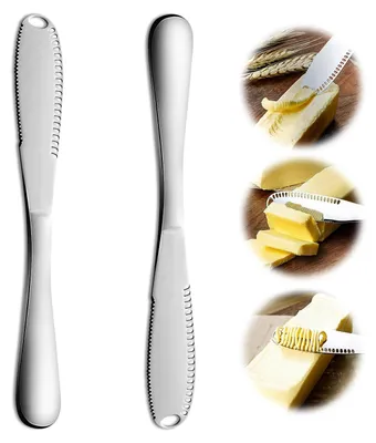 Produktbild von 2pcs Buttermesser Klein 3 in 1 Butter Schneider aus Edelstahl Multifunktion Brötchen Messer zum Schneiden von Käsebutter oder zum Verstreichen von Marmelade