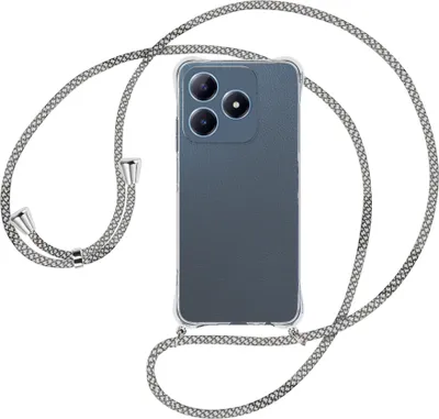 Produktbild von Handykette Backcover-Schutzhülle mit Band (Metall silberfarben) für Realme C63 4G - weiß/grau kariert