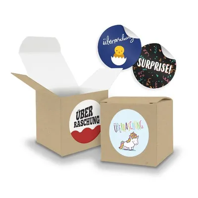 Produktbild von SET Überraschung (Motiv45) 24x Faltschachtel Würfel 6,5cm BRAUN + Sticker