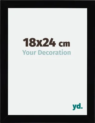 A black picture frame with text indicating size and branding.