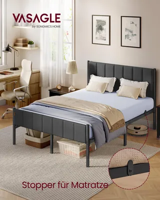 Produktbild von VASAGLE Doppelbett, Bettgestell, 140 x 200 cm, mit gepolstertem Kopfteil, Bettrahmen, Stahl, trägt bis zu 500 kg, grau