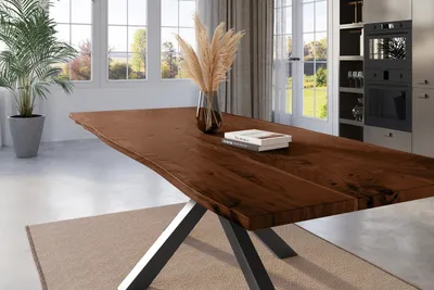 Produktbild von Esstisch Baumkante 240 x 100 cm Akazie nussbaum massiv Spider-Gestell schwarz KALEA