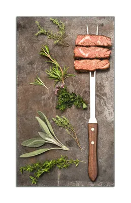 Produktbild von Wallario Herdabdeckplatte aus Glas 1-teilig, Größe 30x52 cm Grillfleisch mit frischen Kräutern