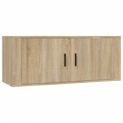 A wooden TV wall cabinet with two doors and black handles, shown against a white background.