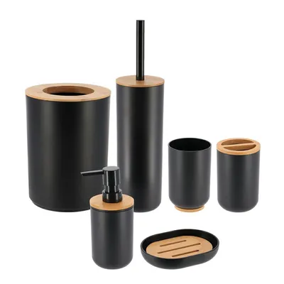 Obrázok produktu pre Tendance sada kúpeľňových doplnkov 6-dielny dávkovač mydla miska na zubné kefky pohár na WC kefu odpadkový kôš čierny plast bambus 7,2x7,2x16 cm