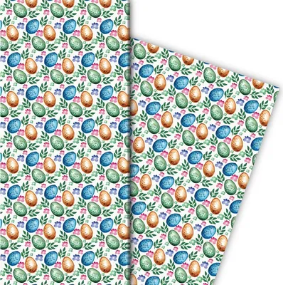 Produktbild von Edles gemaltes Oster Geschenkpapier mit bunten Ostereiern, weiß - G8073, 32 x 48cm