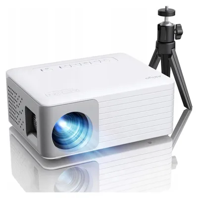 A white mini-projector with a tripod on a white reflective surface.