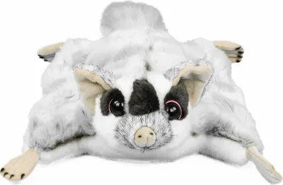 A plush toy animal lying flat on a white background.