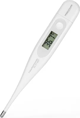 A white digital thermometer is shown against a white background.