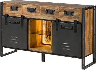 Produktbild von MASSIVMOEBEL24 Sideboard Mango / Altholz 150x45x90 natur / grau lackiert / Metall grau BLACKBURN LUX #410