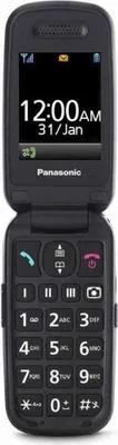 A black Panasonic flip phone is shown against a white background.
