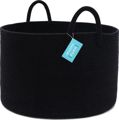 Productafbeelding van Famanu opbergmand - Zwarte wasmand van geweven katoenen touw, 50x33 cm