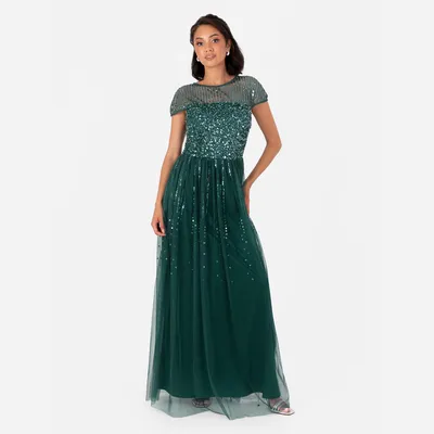 Produktbild von Maya Deluxe Damen Maxikleid, Damenmodell, Rundhalsausschnitt, kurze Ärmel, gestreift, mit Paillettenbesatz