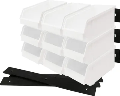 Produktbild von 18 Stück Stapelboxen in Weiß und 6 Wandleisten Schwarz Sichtlagerkästen Aufbewahrungsboxen  Kunststoff Maße 150x100x60 mm Lagerboxen Sortierboxen