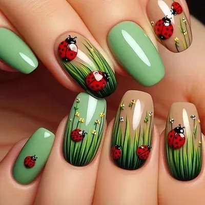 Produktbild von GKA Künstliche Fingernägel 24p G51 zum Aufkleben press on Nails Klebepads Marienkäfer mit Kleber und Nagelfeile Nägel Kunstnägel Express Nagelstudio