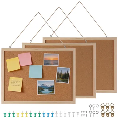 Productafbeelding van 3 dubbelzijdige kurktafels van 30 x 40 cm - Houten wanddisplay met duwspelden