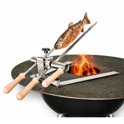 Produktbild von Steckerlfisch Halter mit Standfuß für Grillplatten und 2 Edelstahlspießen