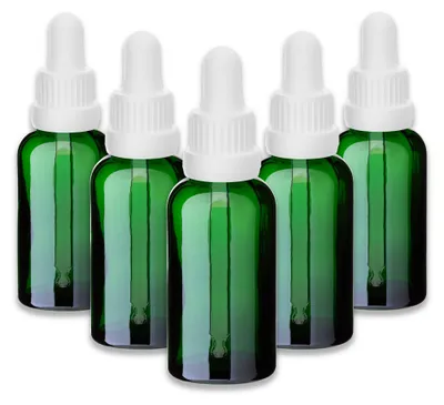 Produktbild von 5x Grüne Glasflasche 30 ml mit Pipette und weißem Verschluss Leer Set