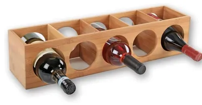 Obrázek produktu pro Bambusový stojan na víno – držák na láhve – pro 5 láhví – moderní design – cca 53 × 14 × 12 cm – přírodní barva dřeva