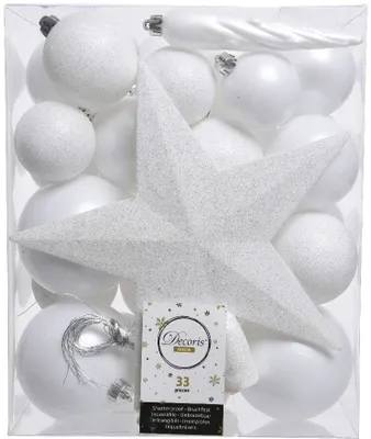 Produktbild von Weihnachtskugeln mit Christbaumstern Kunststoff winterweiss, 33er Set