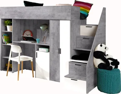 Produktbild von Etagenbett für Kinder Konkret 14 Stockbett mit Treppe, Kleiderschrank und Schreibtisch (Beton + Weiß)