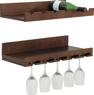 Image de Lot de 2 casier à vin HWC-P22, support mural pour verres et bouteilles pouvant accueillir 6 bouteilles/15 verres, en bois ®, 61 x 28 cm ~ marron