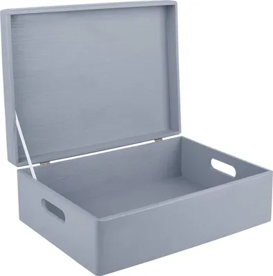 An open gray wooden storage box with handles, shown against a white background.