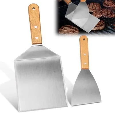 Produktbild von 2-Stück Burger-Set, Grillspachtel Edelstahl, Grillwender, Pfannenwender Spachtel Mit Holzgriffen für Burgerpresse, Teppanyaki, Barbecue, Steak, Pizza